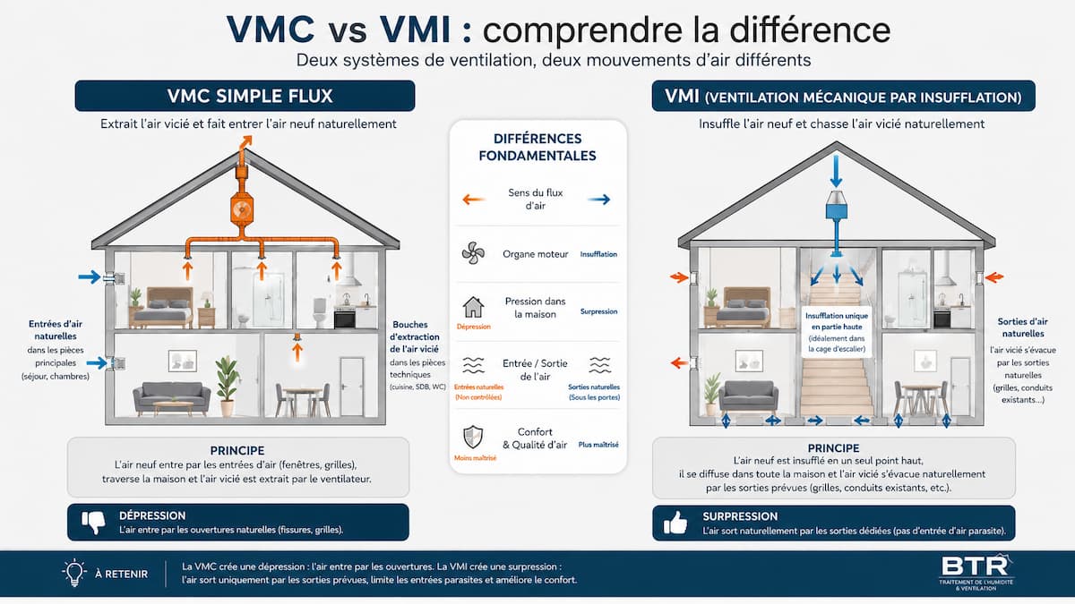 Schéma comparant le fonctionnement d'une VMC par extraction et d'une VMI par insufflation