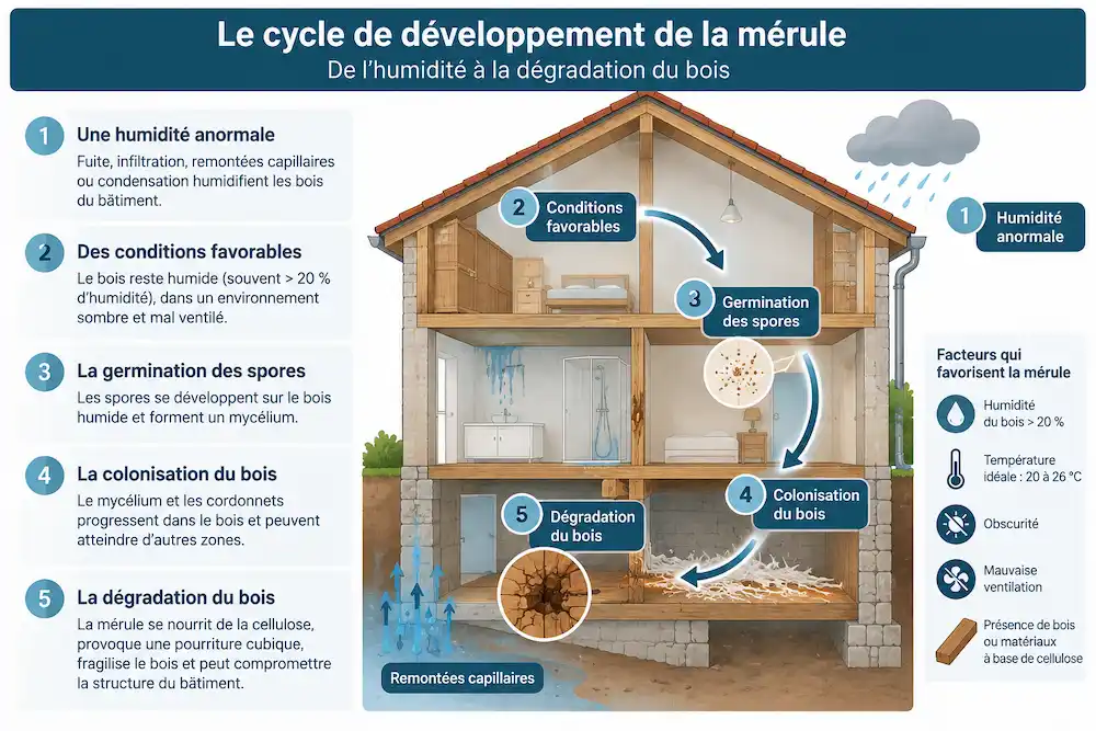 Le cycle de développement de la mérule dans un bâtiment